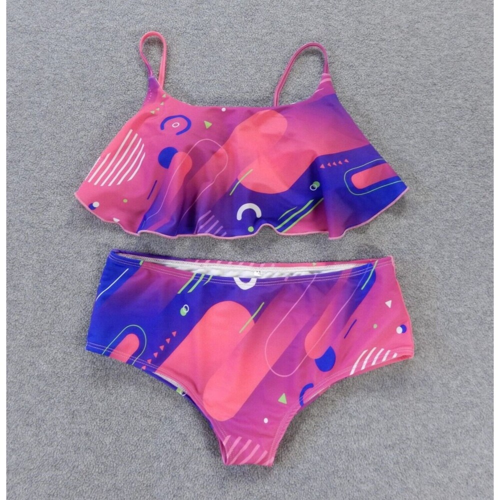 Geometric Shapes Womens Bathing Suit Medium Pink Purple Bright Ruffle Bikini